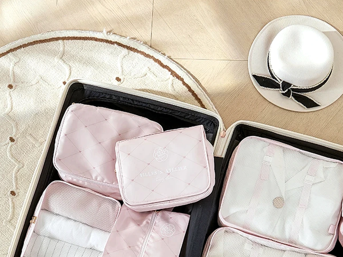 Suitcase packing set arranged inside open luggage